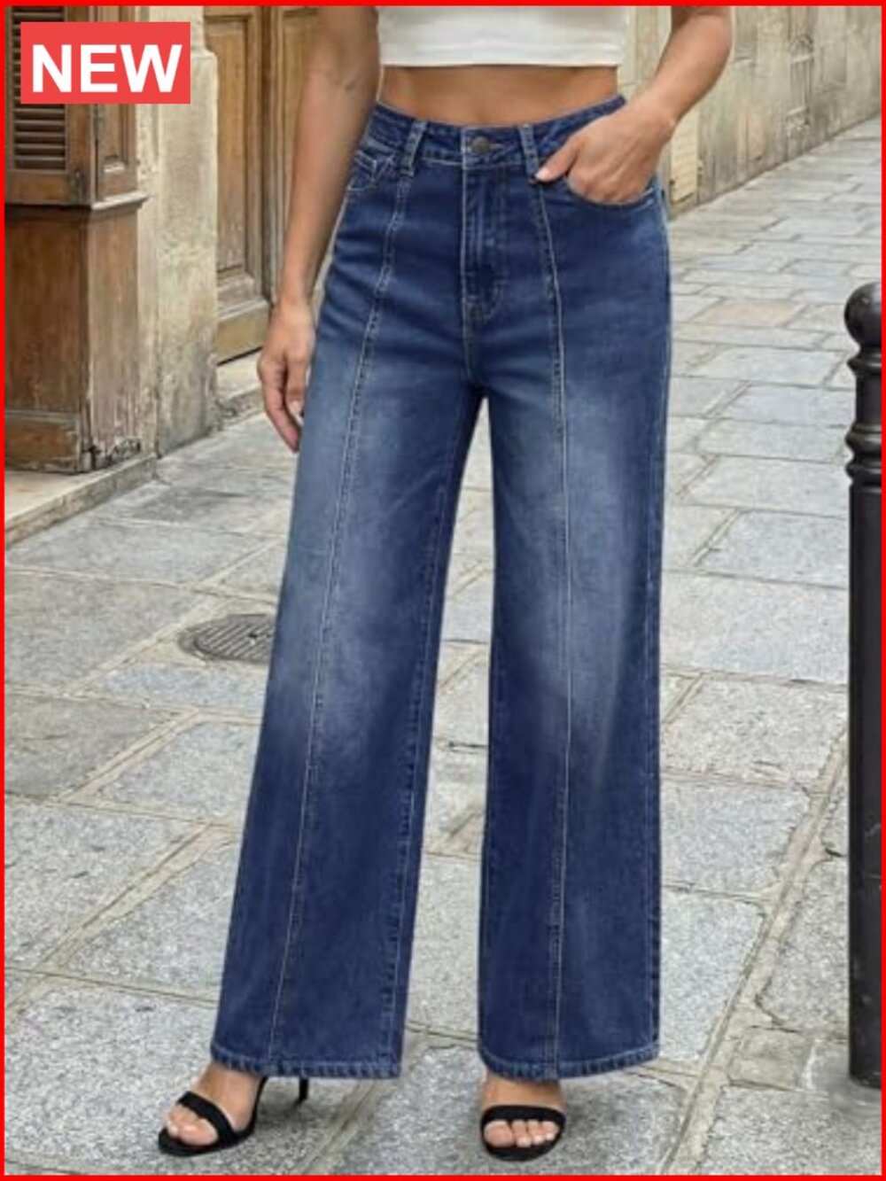 High Waisted Wide Leg Baggy Jeans with Front Seam Stretch Denim - Picture 3 of 6